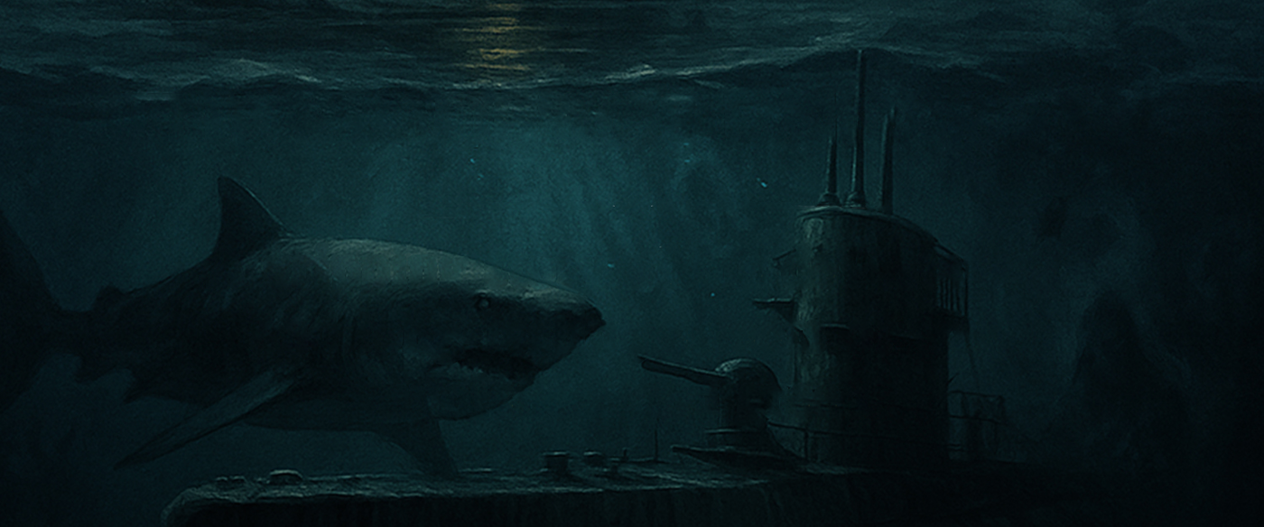 Shark swimming over a wrecked submarine